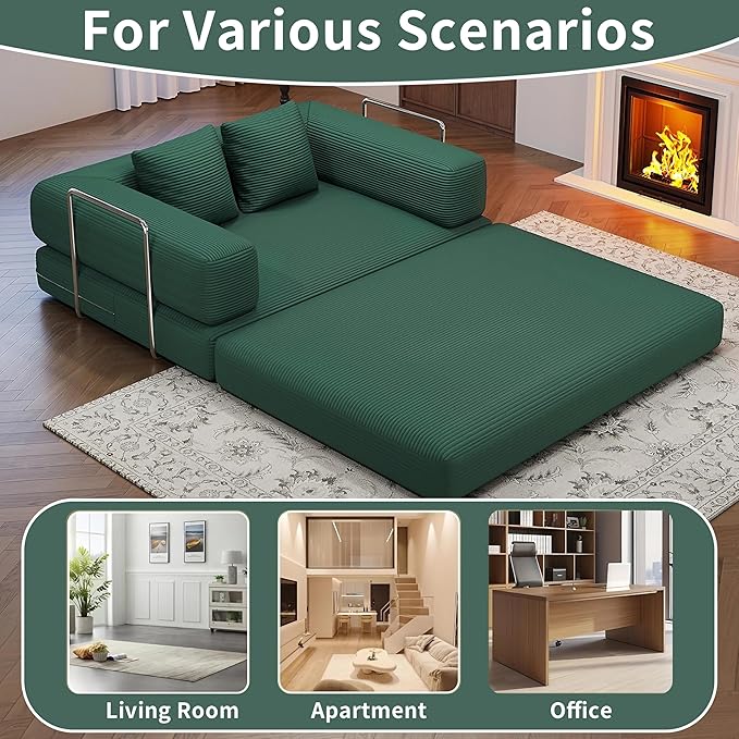 Folding Sofa Bed Convertible Corduroy Couch Queen Size Floor Sleeper 4-in-1 DIY Combination Modular Lazy Sofas Fold Futon Lounge for Living Room (Green, 53.15" Double Sofa)