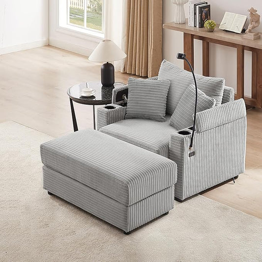 Merax Modern 41.7" Chaise Lounge with Pillows, Charge Station & Cup Holders,Upholstered Sofa Recliner Chair with Ottoman for Living Room Bedroom Gray