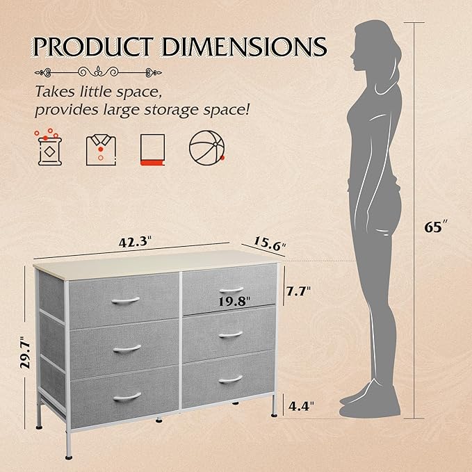 WLIVE Dresser for Bedroom with 6 Drawers, Wide Dresser TV Stand for 50 Inches TV with Metal Frame, Wooden Top, Chest of Drawers, Fabric Dresser for Living Room, Hallway, Light Grey - Image 3