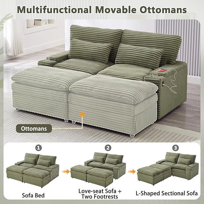 Modular Sectional Sofa Convertible Loveseat Couch,2-Seater Deep Seat Loveseat Sofas Fluffy Corduroy Cloud Couches with Movable Ottoman, Storage Armrest,USB Ports, Cup Holders