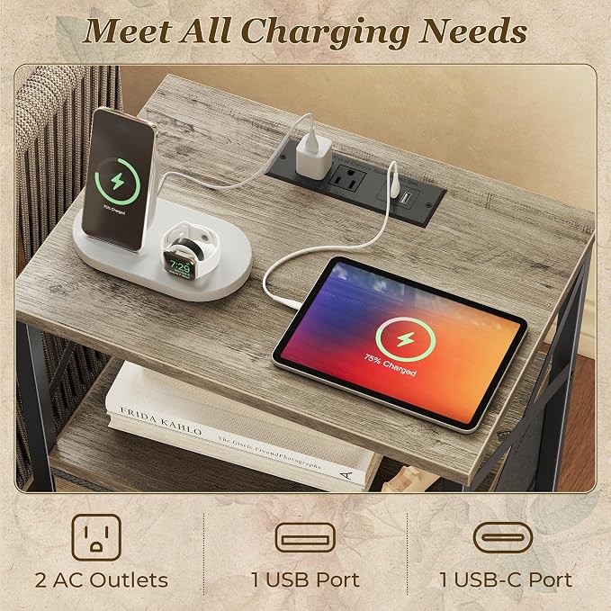 Huuger Night Stand with Charger Station, 2 Drawer Nightstand with Open Shelf, Bed Side Table with USB-C Port, End Table, Compact Size for Small Spaces, X Shaped Side Rail, Oak - Image 4