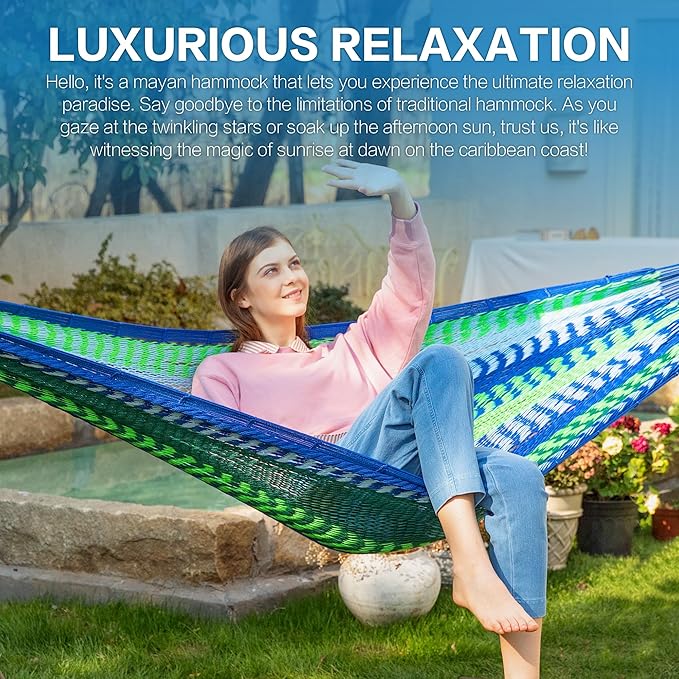 PNAEUT Handwoven Mayan Hammock, Thick Soft Rope Double Hammock for Outdoor Outside & Indoor, 600 lbs Capacity Heavy-Duty, Includes Tree Straps, Carabiners & Carry Bag(Lake Superior, X-Large) - Image 2