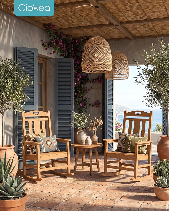 Ciokea Oversized Outdoor Rocking Chairs Set of 8, 380lbs Heavy-Duty Large Patio Rocker, High Back Cozy Porch Chairs, Weather Resistant Patio Rocking Chairs for Outside, Fire Pit, Deck, Teak - Image 2