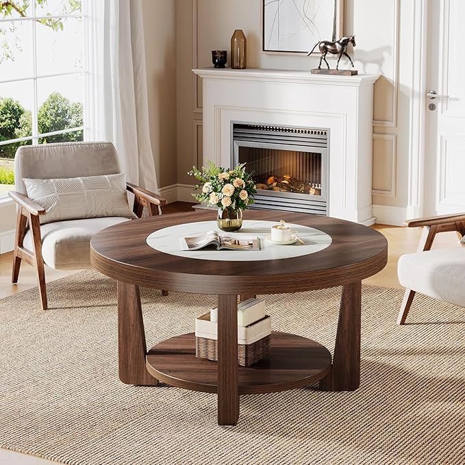Tribesigns Coffee Table, 2-Tier Round Coffee Table with Heavy-Duty Wood Tabletop for Living Room, Industrial Circle Wood Accent Center Table with Storage, Brown and White