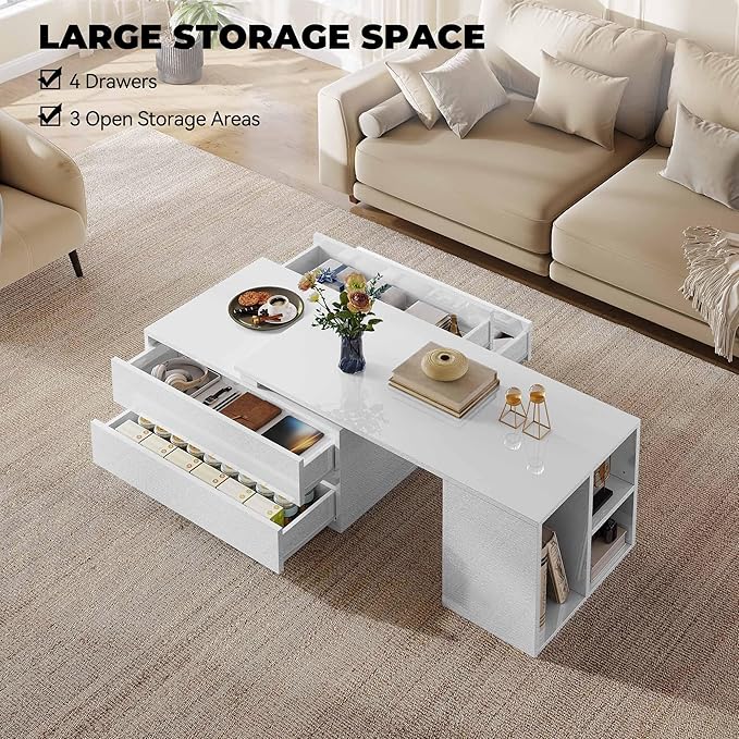 YITAHOME Coffee Table LED Coffee Table with 4 Storage Drawers, Extendable Coffee Tables for Living Room, Modern Wooden Rectangle Cocktail Table with Open Shelves & Sliding Tabletop 35"- 61", White