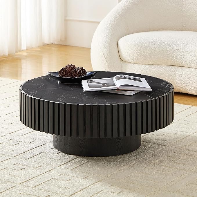 35.43'' Round Coffee Table with Faux Marble Tabletop, Modern Drum Center Coffee Tables Luxury Circle Coffee Table for Bedroom,Apartment,Living Room-Black