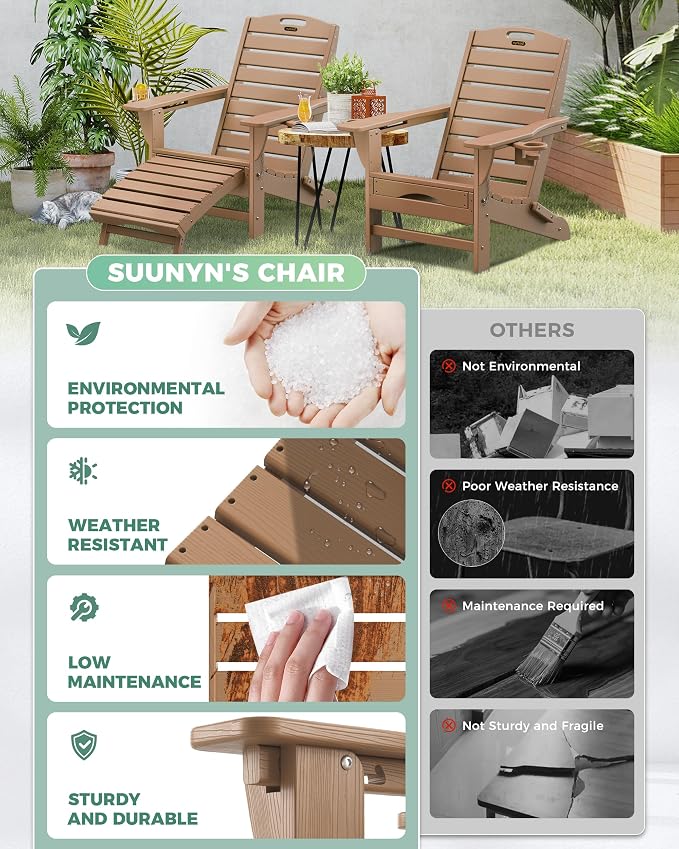 Adjustable Adirondack Chairs Set of 2 with Retractable Ottoman, HDPE Folding Adirondack Chair with Cup Holders, Weather Resistant for Backyard, Poolside & Fire Pit (Teak) - Image 6