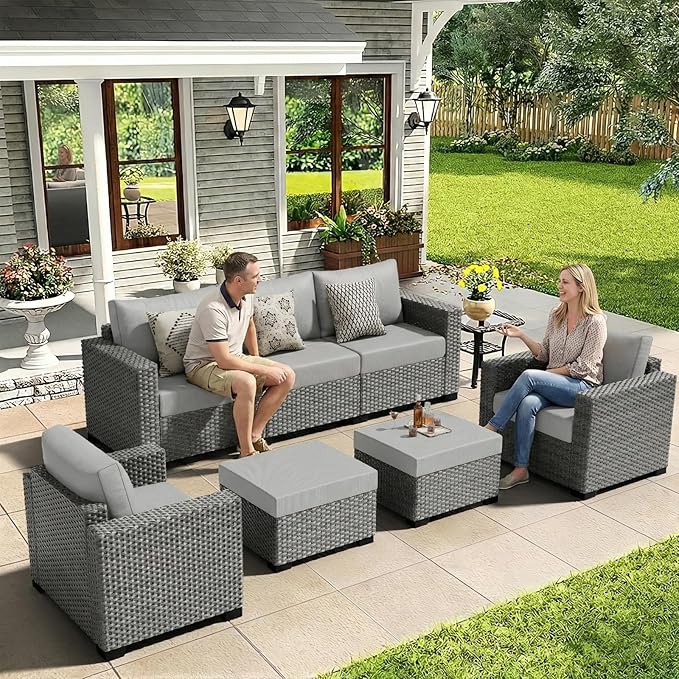 ABCASA 7-Piece Patio Furniture Set | Indoor Comfort for Outdoor Living | Weather-Resistant Wicker & Ultra-Thick Cushions | Grey Patio Conversation Set for Deck, Porch, Poolside