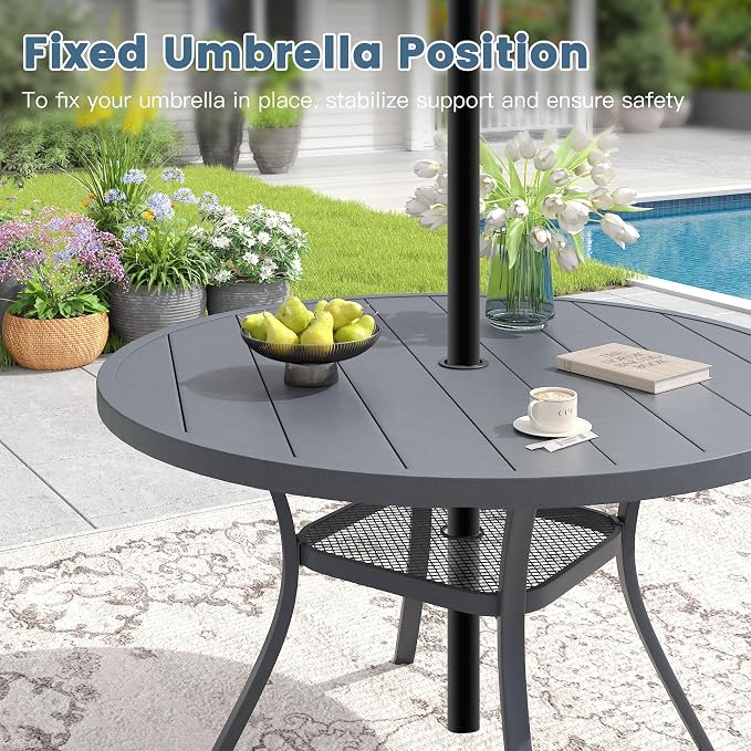DIFY Outdoor Dining Set for 4, Patio Dining Furniture Set Includes 42" Grey Round Table with Adjustable Umbrella Hole and 4 Grey Stackable Metal Chairs for Poolside, Garden, Backyard - Image 8