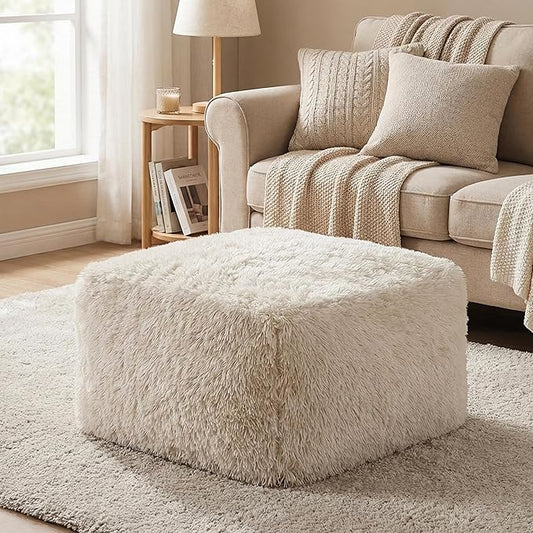 Furniture of America Havyn Modern Faux Fur 1-Seater Square Modular Foam Ottoman, Compressed Couch in a Box, No Assembly Required, for Living Room and Office, Sand