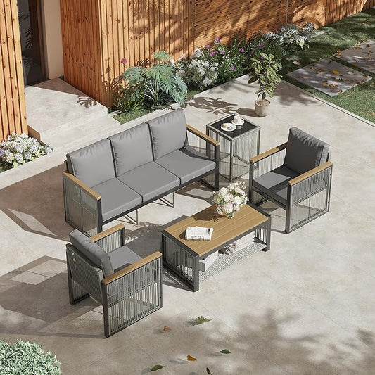 HOMREST Metal Outdoor Patio Furniture Set, 5-Piece Outdoor Sectional Patio Conversation Set with 3-Seat Sofa,Coffee Table,Upgard Cusion for Deck, Lawn,Poolside(Grey)