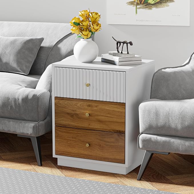 23.6" Tall Night Stand with 3 Storage Drawers, Fluted Nightstand with Metal Handles, Modern End Table Bedside Table Chest for Bedroom, White and Natural - Image 6