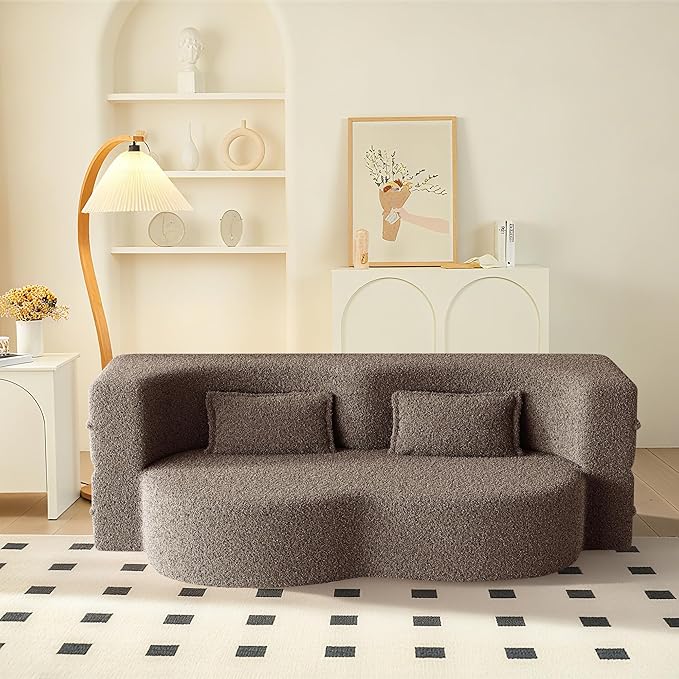 78" Convertible Sofa Bed, 2-in-1 Folding Floor Couch with 2 Pillows, Sleeper Sofa for Living Room and Bedroom, No Assembly Required (Brown, Teddy Fabric)