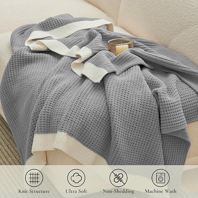 Amélie Home Chenille Throw Blanket, Soft Cozy Waffle Throw for Couch & Sofa, Warm Yet Lightweight, Breathable All-Season Throws for Women Men, Housewarming, Birthdays, 50"x60", Grey