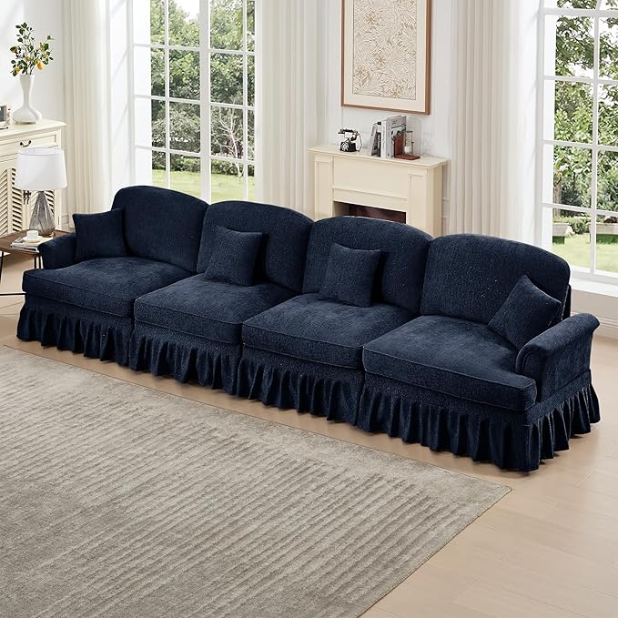 KEIKI Mid Century Modular Sofa with Flared Arms and Skirted Design, 137“ Oversized 4-Seater Luxury Chenille Sectional Couches for Living Room, Big Comfortable Couch Bedroom Furniture, Blue