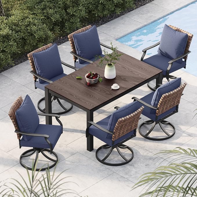 Grand patio 7-Piece Outdoor Dining Set, 6 Leather-Look Wicker Swivel Blue Patio Chairs & 1 Rectangular Faux Woodgrain Dining Table, Dark Brown by GrandPatio