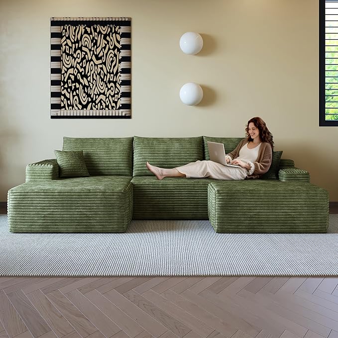 107" U Shaped Cloud Corduroy Couch with Ottoman, Comfy Sectional Boneless Couches for Living Room Bedroom, Deep Seat Sleeper Compression Sofa, No Assembly, Left Facing Chaise, Green