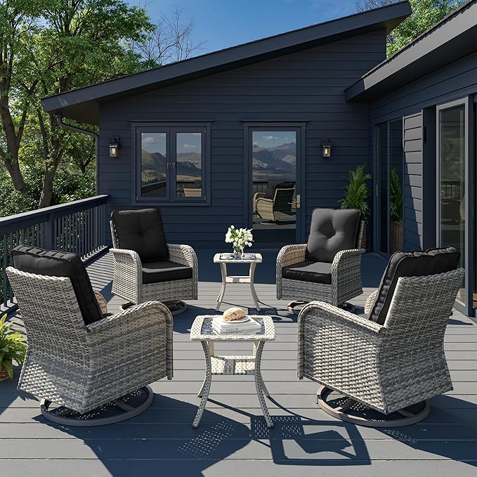 6-Piece Patio Rocking Swivel Chair Outdoor Wicker Rattan Bistro Set with Tempered Glass Side Table, Outdoor Patio Furniture Set for Garden, Deck, and Balcony, Dark Grey