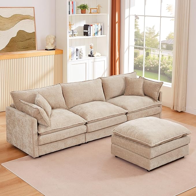 Eafurn Oversized Reversible Modular Sectional Sofa with Movable Ottoman, 4 Seater Convertible L Shaped Corner Couch Modern Chenille Sofa Set w/Double Layers Seat Cushions for Living Room Apartment