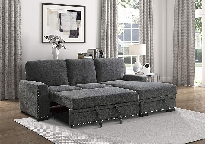Lexicon Mid Century Modern Sectional Sleeper Sofa Bed Couch with Storage Chaise, Sectional Sofa Pull Out Couch Bed, Sectional Couch Lounge Sofa for Living Room Apartment, Right Side Chaise, Charcoal