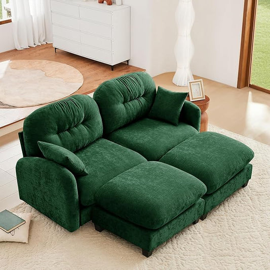 KEIKI 74" Oversized Chenille Modular Sectional Loveseat Sofa with 2 Ottoman, High-Density Foam Cushions, Tufted Pleated Cushion Backrest, Modern 2-Seater Couch with 2 Pillow, for Living Room, Green