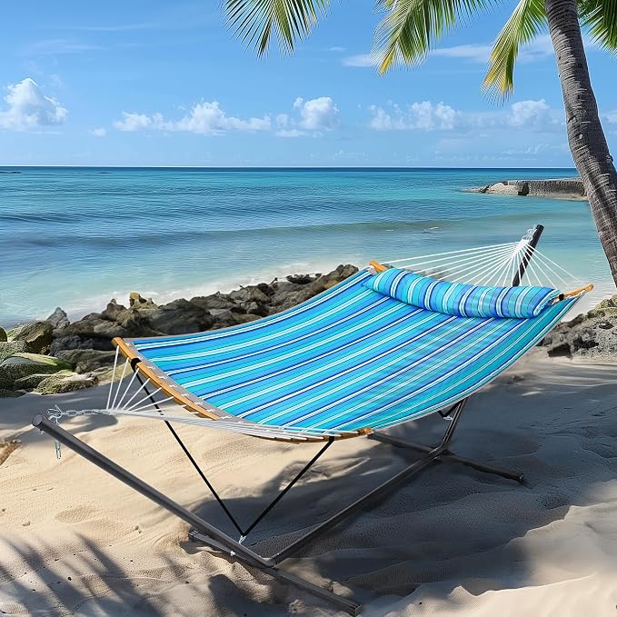 SUPERJARE Hammock with Stand, 2 Person Heavy Duty Hammock with Padded Cotton, Detachable Pillow & Strong Curved-Bar & Portable Carrying Bag, Perfect for Outdoor & Indoor, Aqua Blue - Image 3