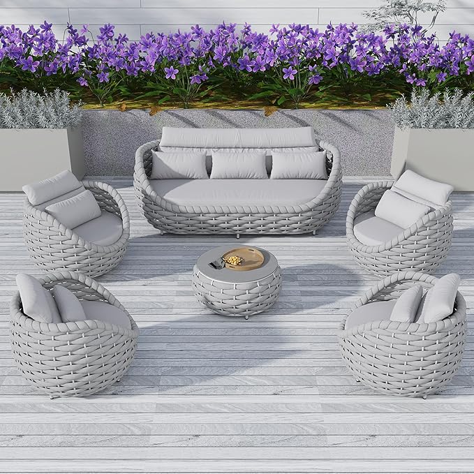 TWT 6-Piece Aluminum Patio Furniture Set, Modern Outdoor Conversation Set Sectional Sofa with Water Repellent Thick Cushions and Coffee Table for Balcony, Garden