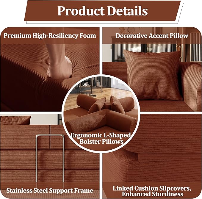 59'' Convertible Compressed Corduroy Folding Cloud Sofa Bed, Modern Boneless Pull Out Loveseat Sleeper in a Box, 4 in 1 Floor Mattress Futon Cloud Couch, No Assembly Needed, Orange, 2 Pillows, Queen