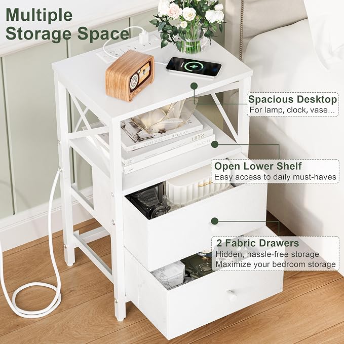 Nightstand Set of 2, Nightstands with Charging Station, Small Bedside Table with Storage Shelf, End Table with USB Ports & Outlets, with Fabric Drawers, for Couch, Bedroom(White) LET105W-2 - Image 5