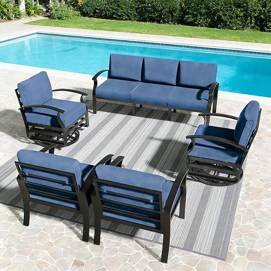 Aluminum Outdoor Patio Furniture Set,5 Pieces 7 Seats Patio Conversation Sets with 2 Swivel Rocking Chairs,Metal Patio Sectional Furniture Set with 5.1" Thickened Cushions,Navy Blue