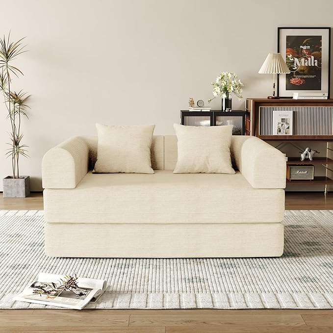 53.15'' Convertible Compressed Corduroy Folding Cloud Sofa Bed, Modern Boneless Pull Out Loveseat Sleeper in a Box, 4 in 1 Floor Mattress Futon Cloud Couch, No Assembly Needed, Beige, 2 Pillows, Full