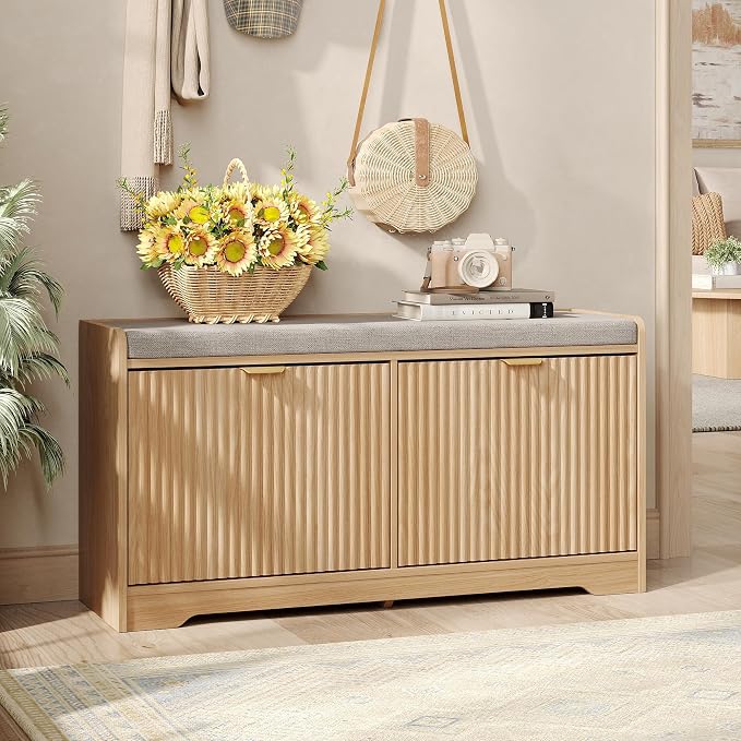 Maupvit Fluted Shoe Bench with 2 Flip-Drawers, 39.4" Narrow Entryway Bench with Shoe Storage and Seat Cushion, Adjustable Shelf, Hidden Shoe Rack Bench for Front Door Entrance, Hallway, Natural - Image 2