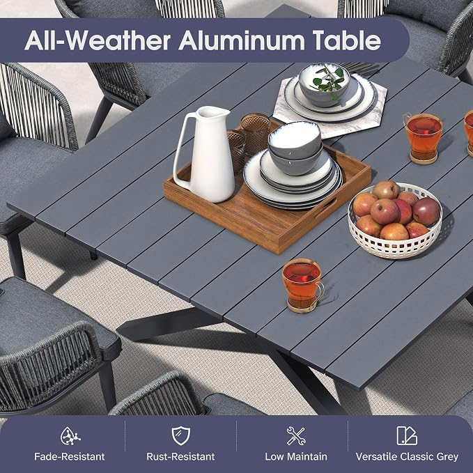 PURPLE LEAF 9 Pieces Outdoor Metal Furniture Set Patio Conversation Sets Dining Set, 1 Square Dining Table and 8 Modern Chairs with Cushions Seat Grey - Image 4