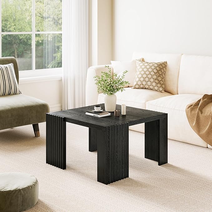 Luoxiao 27.5" Black Square Coffee Table Fluted Mid-Century Modern Living Room Table, Square Wooden Center Table with Quilted Footpads for Apartments, Small Homes, Easy Assembly