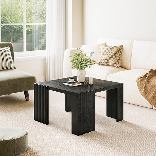 Luoxiao 27.5" Black Square Coffee Table Fluted Mid-Century Modern Living Room Table, Square Wooden Center Table with Quilted Footpads for Apartments, Small Homes, Easy Assembly
