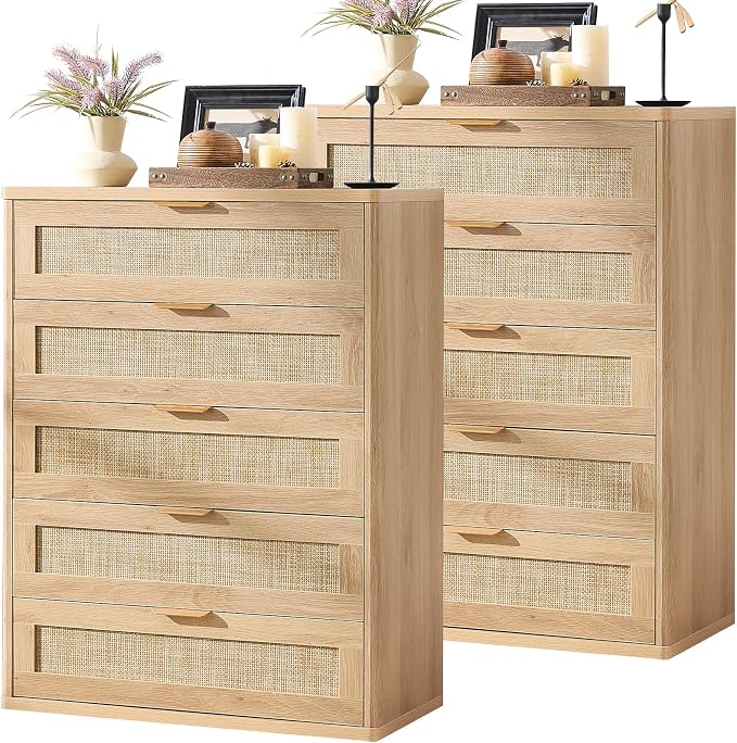 LEYAOYAO Rattan Dresser for Bedroom Set 2, 41" Tall Chest of Drawers, Modern 5 Drawers Boho Dressers with Storage, Light Oak Dresser Wooden Closet Organizer for Living Room, Hallway, Natural Wood by LEYAOYAO-Findtheshiningpointofyourideallife%EF%BC%81