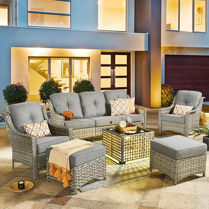 HOOOWOOO 6 Piece Patio Furniture Conversation Sets with Sola Light Table,Outdoor Wicker Furniture with Ottoman, All Weather Resistant Outside High Back Rattan Patio Set(Dark Grey Gray)