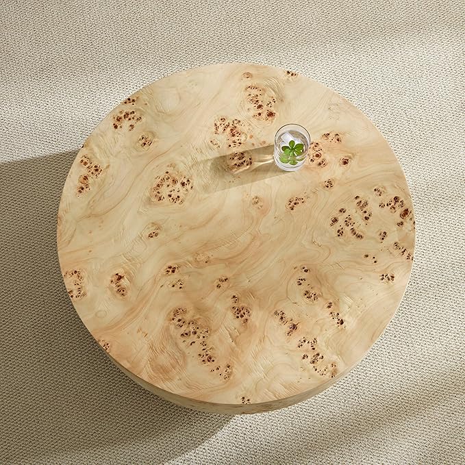 31.49" Round Coffee Table with Burl Wood Veneer & Sturdy Pedestal, Modern Luxury Circle Drum Center Table, Accent Side Table End Table for Living Room Apartment, Natural