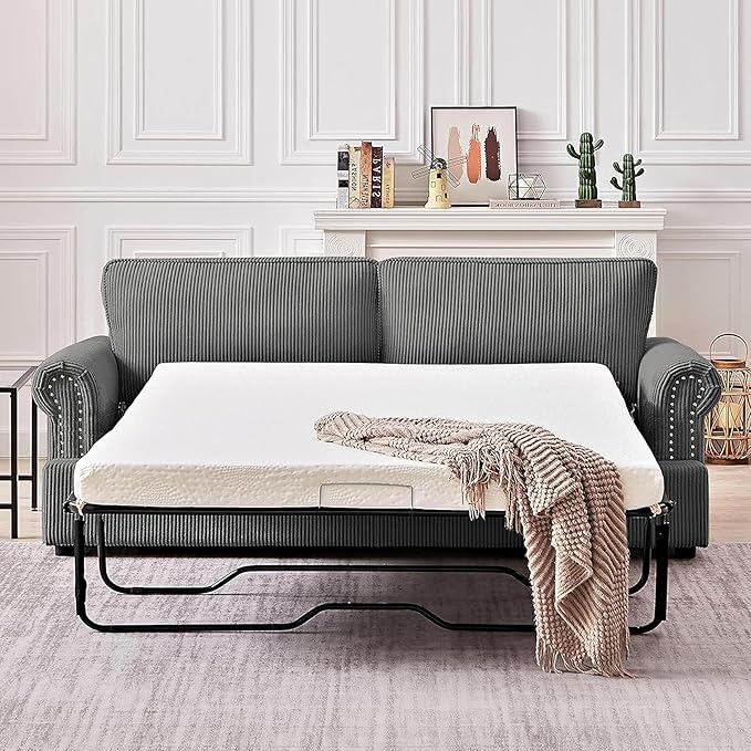 Reversible Sleeper Sofa Bed with Comfortable Memory Foam Mattress, Convertible Corduroy Full Size Pull Out Couch for Living Room, Space Saving Furniture, 76" Wide, Rounded Arms, Grey