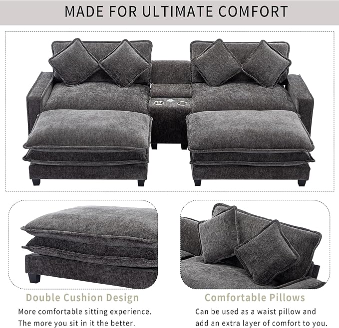 Sectional Sofa Chenille Upholstered with 2 Removable Ottoman, 2 USB Ports, 2 Cup Holders Large Storage Box for Living Room