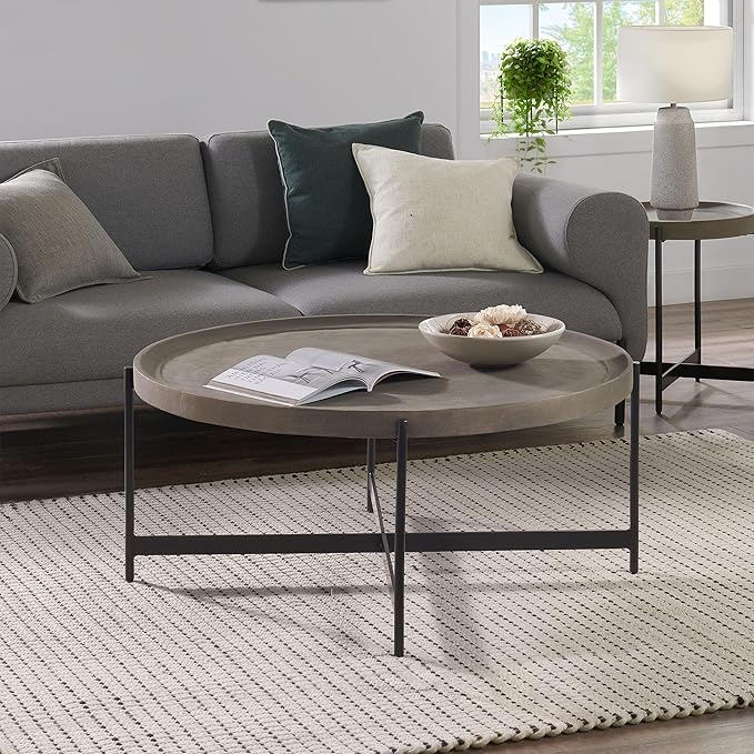 Alaterre Furniture Brookline 42-Inch Round Concrete-Coated Wood Coffee Table with Tray Top and Black Iron Legs – Industrial Farmhouse Living Room Accent Table with X-Frame Base