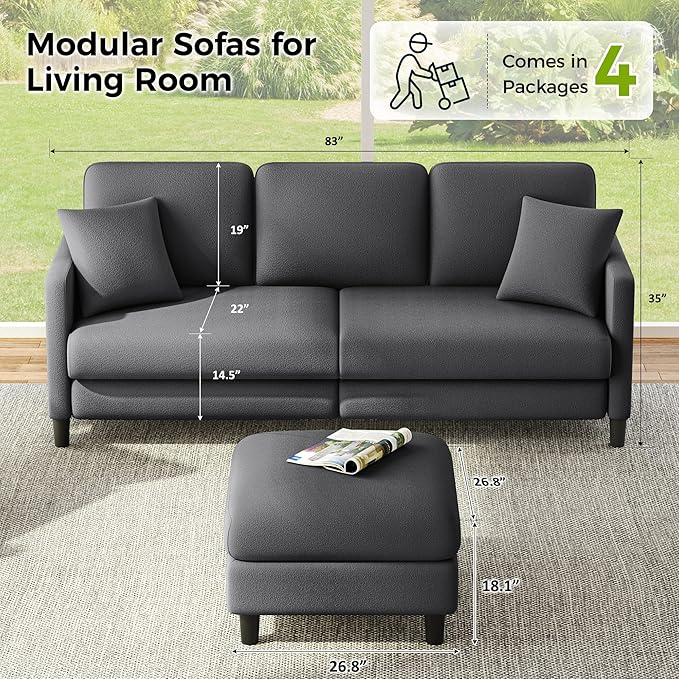 83" Couches for Living Room, Comfy Sofas for Living Room with Storage Ottomans, Teddy Sofa Couch, Tool-Free Loveseat Sofa, All-Wood Love Seat Couches, U Shaped Couch 2 Pillow Included, Grey