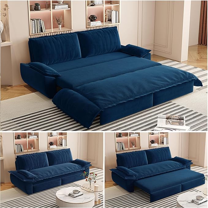 73.2" Queen Size Pull Out Sofa Bed, 3-in-1 Convertible Sleeper, Velvet Loveseat for Living Room, Apartment, Bedroom Small Spaces, Blue (Mattress & Bedding Not Included)