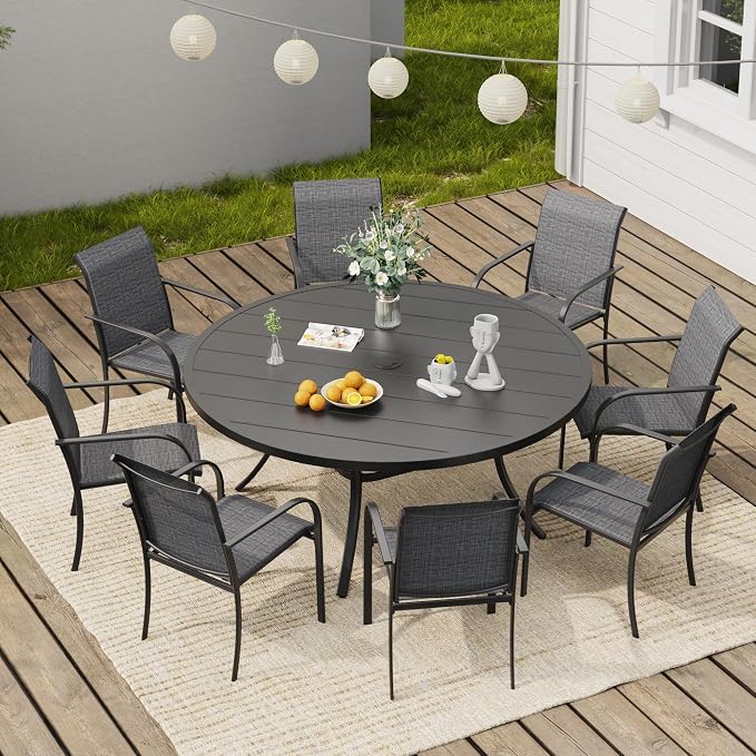 VICLLAX Round Outdoor Dining Set, Patio Table and Chairs Set Set of 8 Patio Stackable Chairs and 53" Outdoor Round Table with Umbrella Hole for Backyard Lawn Garden, Dark Grey Chairs and Black Table by HOME