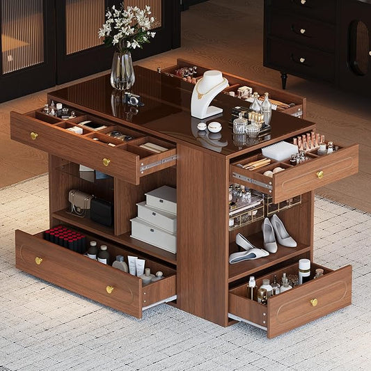 Merax Closet Island with 6 Drawers Wardrobe Armoire Bedroom Island with Glass Top and Open Shelves 47.3" Jewelry Storage Vanity Island with Compartments, Cloakroom Walk-in Closet Island (Walnut)