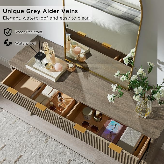 T4TREAM Fluted 6 Drawers Dresser, 54" Wide Modern Chest of Drawers, Curved Profile Design, Dresser TV Stand, Wood Drawer Organizer for Bedroom, Living Room, Hallway, Grey Alder - Image 5