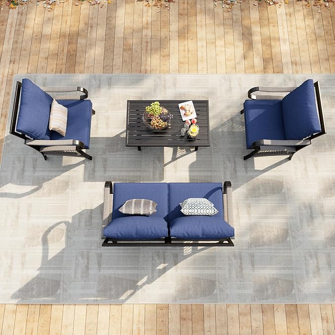 4 Pieces Patio Furniture Set, Outdoor All Weather Metal Conversation Sets with 2 Single Chairs, 1 Loveseat Sofa, 1 Coffee Table for Backyard, Garden, Deck, Blue