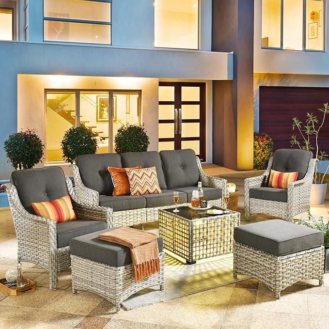 HOOOWOOO 6 Piece Patio Furniture Conversation Sets with Sola Light Table,Outdoor Wicker Furniture with Ottoman, All Weather Resistant Outside High Back Rattan Patio Set(Black)