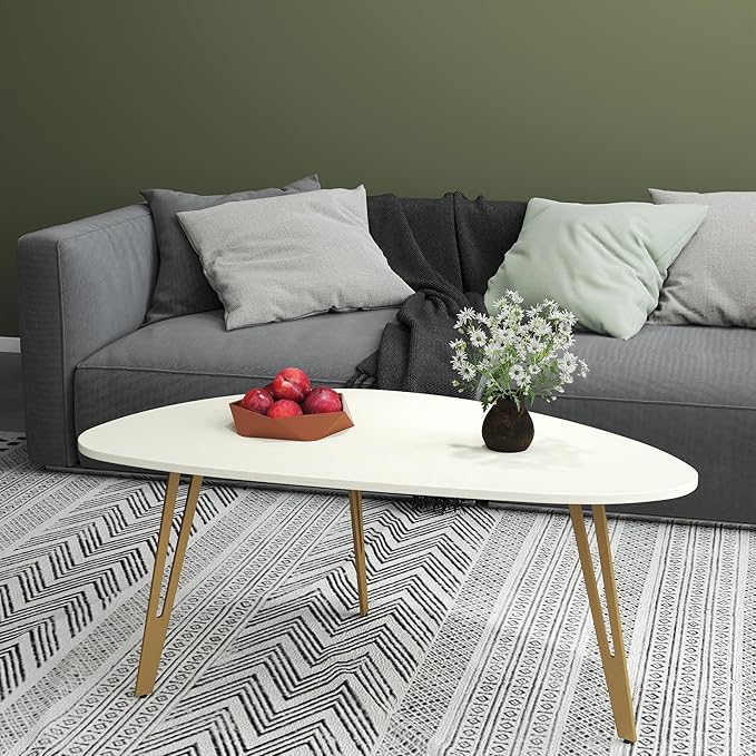 Manora Modern Simple White Wood Oval Coffee Table with Gold Legs, Minimalist Tea Table for Living Room, Office, Apartment or Small Space (White & Gold)