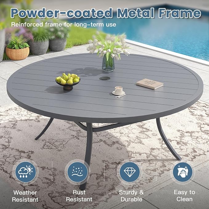 DIFY Patio Dining Set for 10, 11 Piece Outdoor Table and Chairs Set, 63" Round Metal Patio Dining Table and Textilene Stackable Patio Chairs, for Backyard Garden Poolside, Grey - Image 4